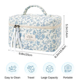 senbowe Large Quilted Makeup Bag, Cotton Floral Cosmetic Bag for Women, Cute Coquette Aesthetic Makeup Bag Toiletry Bag, Travel Make Up Organizer Bag with Zipper and Ribbon
