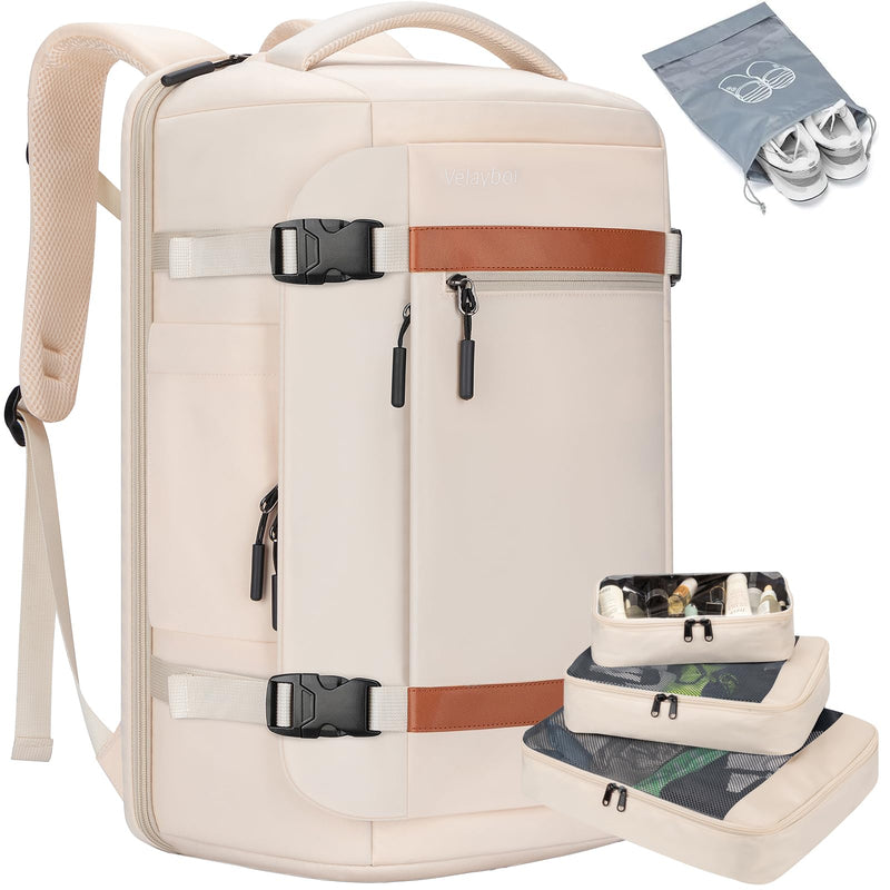 Velaybor 42L Travel Backpack with 4 Packing Cubes, TSA Friendly Flight Approved Carry-On Bag, Water-Resistant Business Backpack for Men Women, Fits 17.3" Laptop (Off-white)