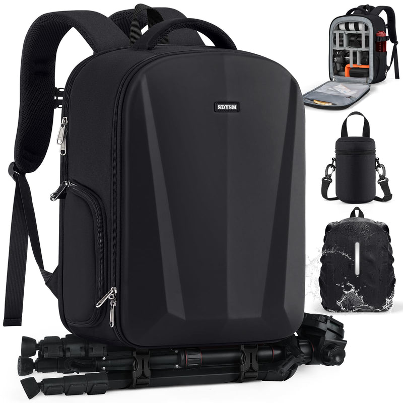 SDYSM Camera Backpack, Hardshell DSLR/SLR Camera Bag with Lens Pouch & 15.6" Laptop Compartment Waterproof Camera Case with Rain Cover Photography Backpack Compatible for Canon/Nikon/Sony/Drone Black