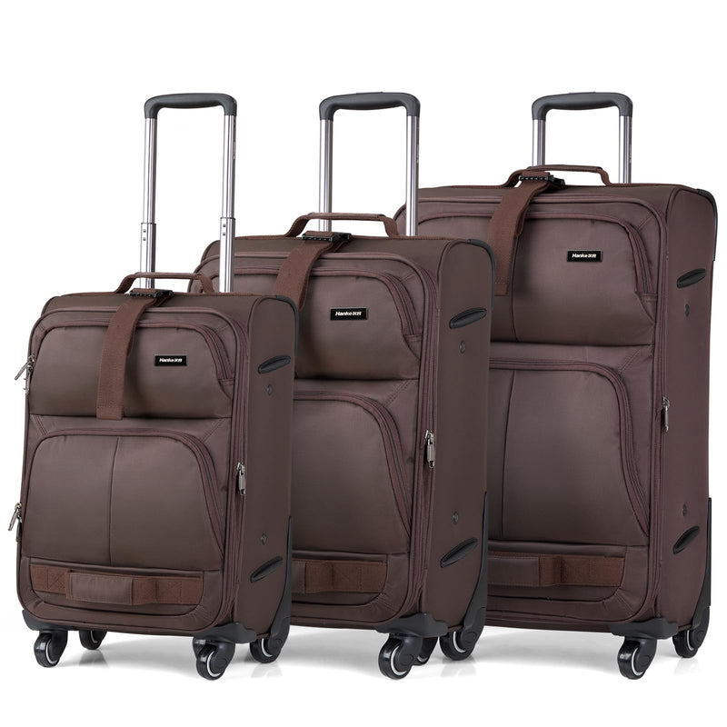 Hanke 3 Piece luggage Sets Softside Expandable luggage with Spinner Wheels TSA Lock,Travel Lightweight Luggage Sets,Coffee