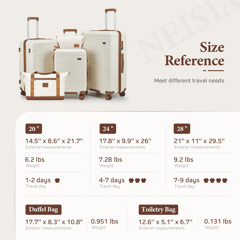 NEISIA Luggage Sets 3 Piece, Hard Shell Carry on Suitcase with Spinner Wheels and TSA Lock, Travel Lightweight Luggage Set with YKK Zippers (Beige, 5 piece sets（20/24/28/DB/TB)