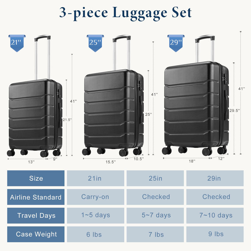 OLIXIS 3-Piece Suitcase Set, Hardside Luggages with Spinner Wheels, Lightweight ABS Hard Shell Travel Luggage, Expandable Carry-On Suitcase with TSA Approved Lock–Black(20+24+28 Inch)