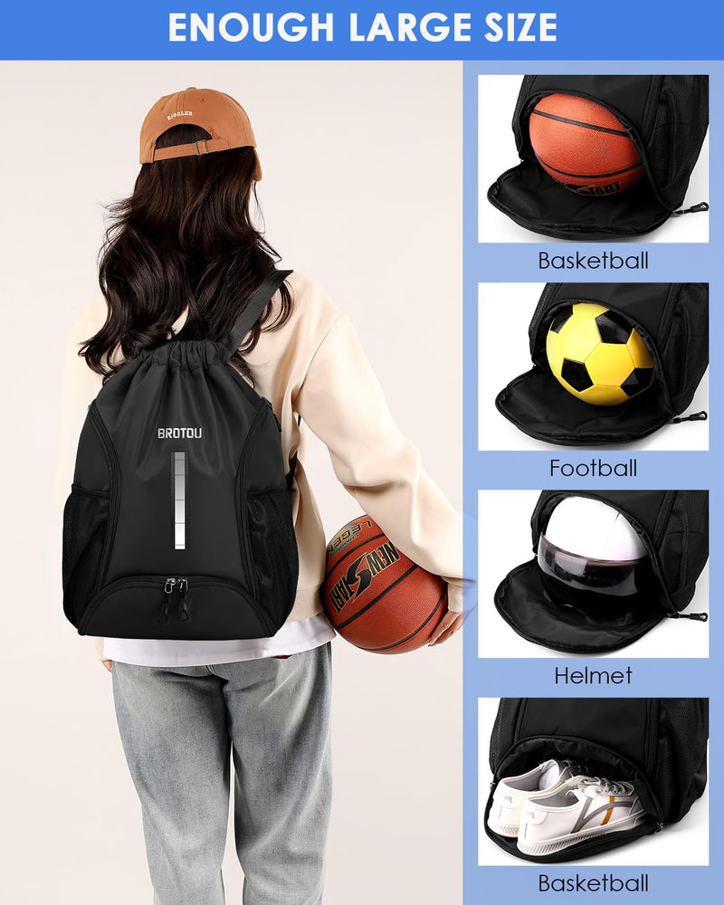 BROTOU Soccer Drawstring Backpack, Basketball Bag, Volleyball Football Bags with Ball and Shoe Compartment(1- Reflective strip, Black)