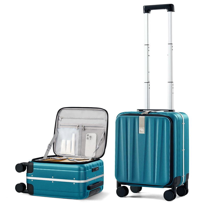 Hanke 16 Inch Small Carry On Luggage Hard Shell Top Opening Aluminum Frame Suitcase with Spinner Wheels, Underseat Front Open Luggage for Men & Women Business Travel and Short Trips, Caribbean Blue