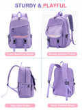 VASCHY Backpack for Girls, Cute Elementary School Bag Bookbag for Primary Schooler Kids with Sparkling Sequin Clear Pocket Purple