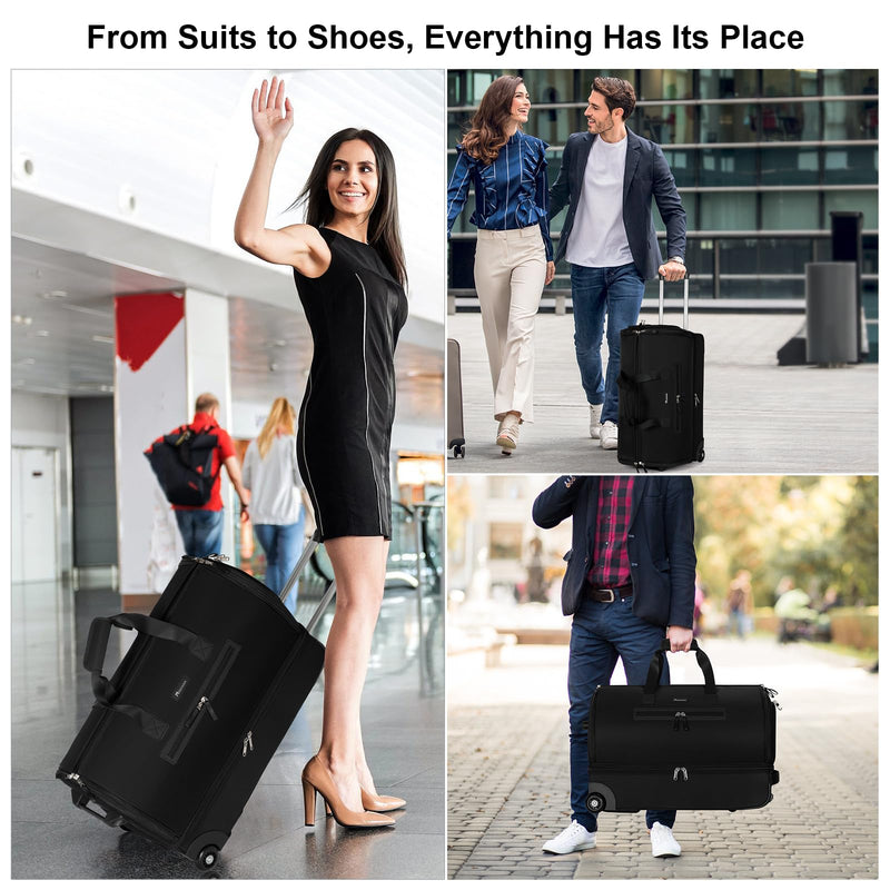 Modoker Convertible Rolling Garment Bag for Travel, Suit Travel Bag with Trolley, Garment Duffel Bag with Wheels & Shoes Compartment for Business Trip, Weekender - Black