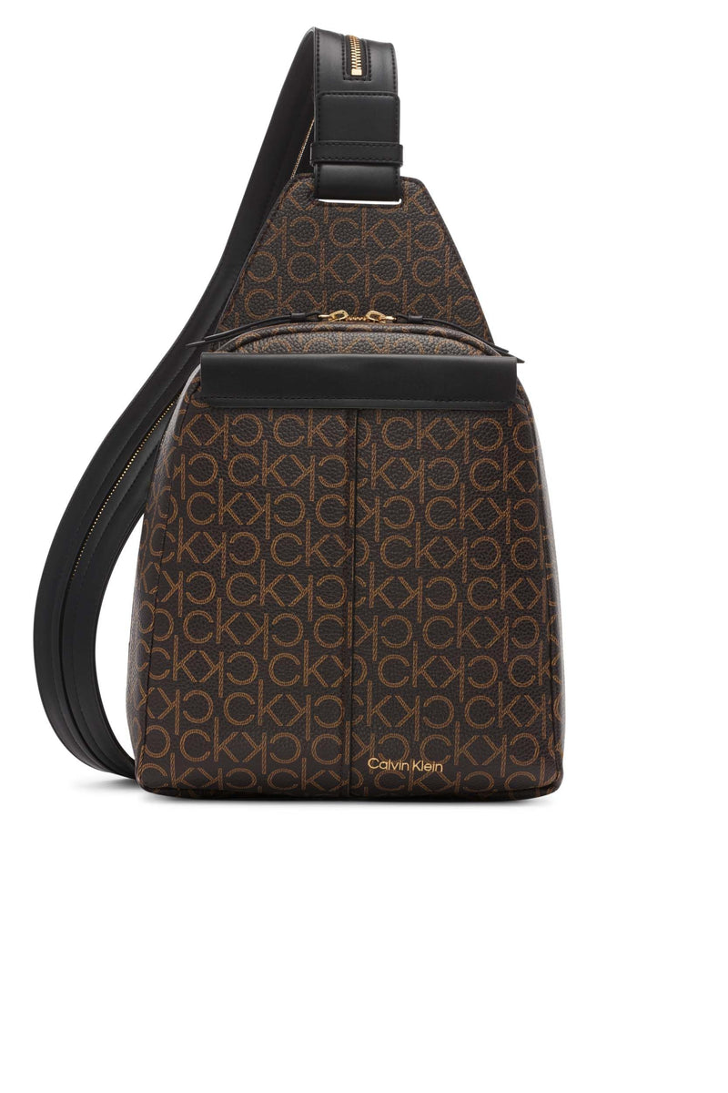 Calvin Klein Women's Millie Backpack for Women – Vegan Leather Monogram Backpack, 2 Pockets, Brown/Khaki/Black, One Size