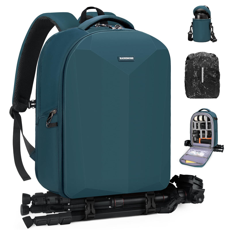 RAINSMORE Camera Backpack Hard Shell for DSLR/SLR Waterproof Camera Bag with Laptop Compartment 15.6 Inch Professional Camera Case with Rain Cover Photography Backpack Bag with Camera Lens Case Green