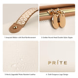 Prite Makeup Bag for Women Travel Waterproof Vegan Leather Cosmetic Bag Open Flat Toiletry Bag With Clear Divider and Handle (Beige)