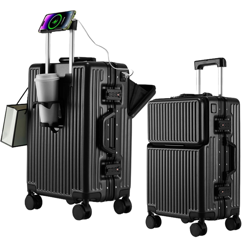 2-Piece Hardshell Zipperless Luggage Set, 20/26" Aluminum Frame Hardshell Spinner Luggage, Airline Approved Carry-On Luggage, TSA Lock, 360° Quiet Wheels With Cup Holder (Black)