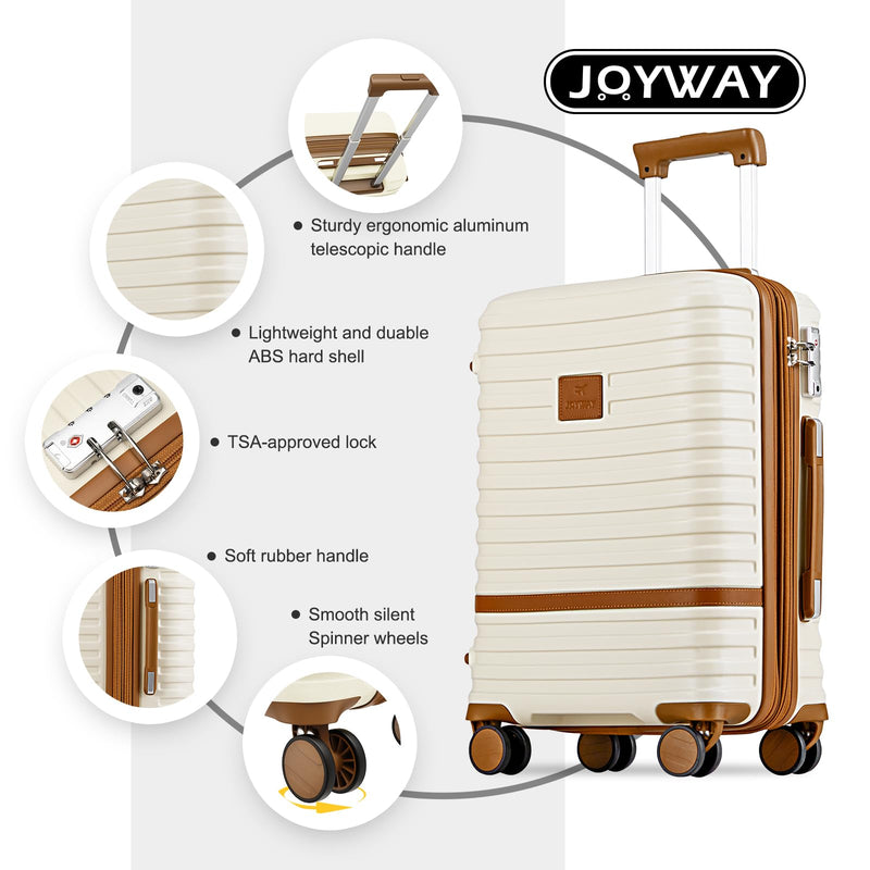 Joyway Carry On Luggage 20 Inch Expandable Suitcase with Spinner Wheel, 4 Piece Hard Shell Luggage Set with TSA Lock(White brown)