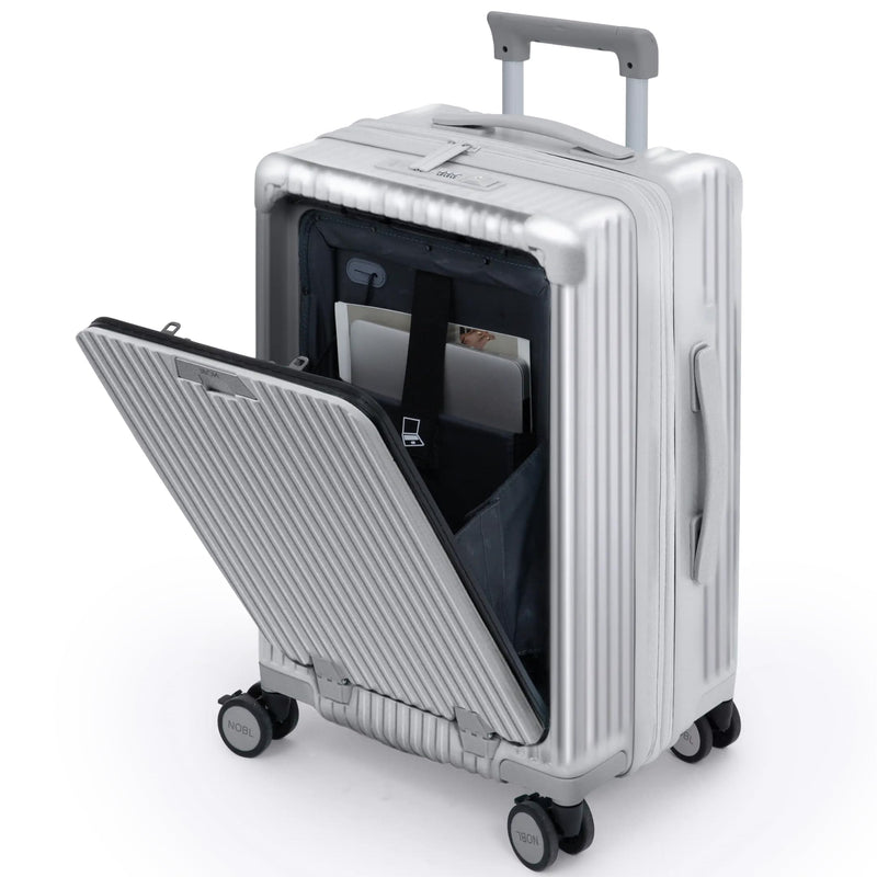 Nobl Travel Carry On Expandable Luggage, Noble Aluminum Frame PC Hard Shell Suitcase, 22.5”x14.2”x9.8” Airline Approved, 360° Spinner Wheels, TSA Locks, USB Charging, Cup & Phone Holder - Silver