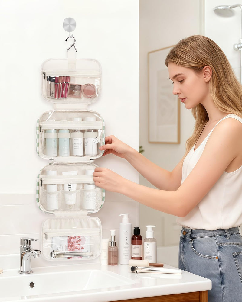 Narwey Hanging Toiletry Bag for Women Travel Checkered Makeup Bag Organizer Toiletries Bag for Travel Size Essentials, Accessories, Brushes, Cosmetics (Green Checkerboard (Medium))