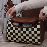FEEZUSH Makeup Bag, Travel Portable Checkered Pattern Cosmetics Skincare Storage Bag (Brown)