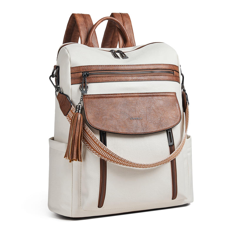 Shrrie Laptop Backpack for Women 15.6 inch,Travel Leather Backpack Purse Nurse Teacher Carry on Backpack Computer Bag,Professional Water-Resistant College Business Work Casual Daypack,Beige with Brown