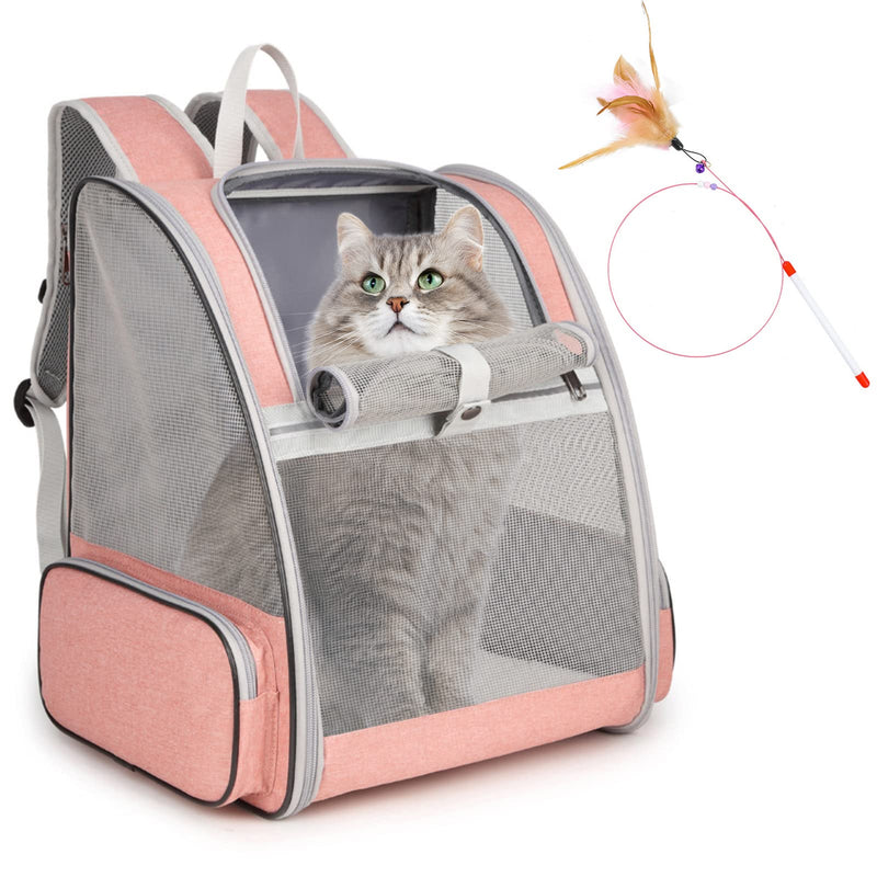 Cat Backpack Carrier, Large Pet Backpack with Kitten Wand Feather Toy for Medium Small Dog Cat Puppy Kitty Bunny up to 15lbs, Ventilated Mesh Dog Travel Carrier for Hiking Walking Outdoor Use (Pink)