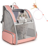 Cat Backpack Carrier, Large Pet Backpack with Kitten Wand Feather Toy for Medium Small Dog Cat Puppy Kitty Bunny up to 15lbs, Ventilated Mesh Dog Travel Carrier for Hiking Walking Outdoor Use (Pink)
