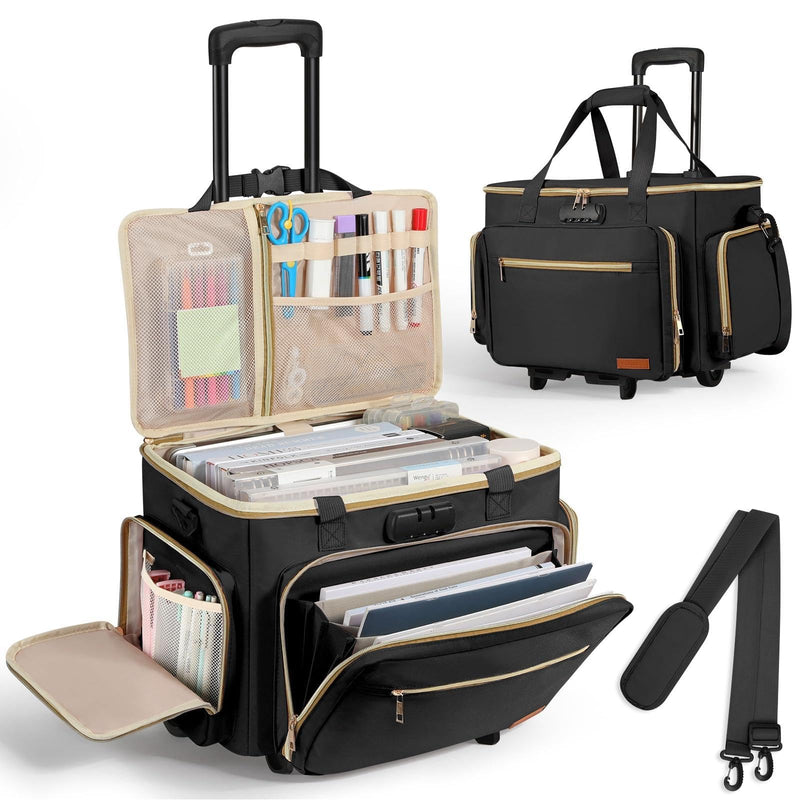 Housolution Rolling Teacher Bag with Wheels, Fits for 17" Laptop, Teacher Tote Bag with Detachable Trolley, Laptop Work Case with Anti Theft Lock, Briefcase Cart with Accordion File Organizer, Black