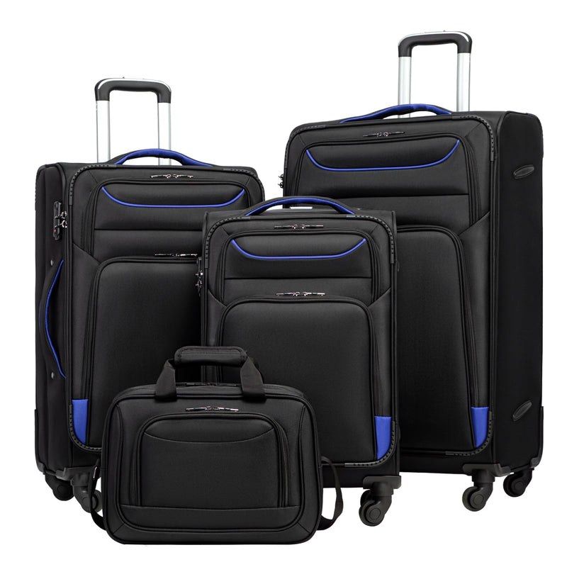 Coolife Luggage 4 Piece Set Suitcase TSA Lock Spinner Softshell lightweight(black+blue)