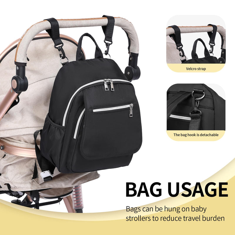 Fwkekye Small Diaper Bag Backpack, Mini Diaper Bag Purse with 10 Pockets, Travel Baby Bag for Baby Girls, Insulated Pockets, Stroller Straps, black