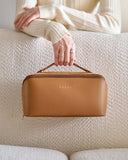 EACHY Travel Makeup Bag, Large Capacity Cosmetic Bags for Women, Waterproof Portable Open Flat Toiletry Bag Make up Bag with Divider and Handle, Gifts for Women (Brown, Large)