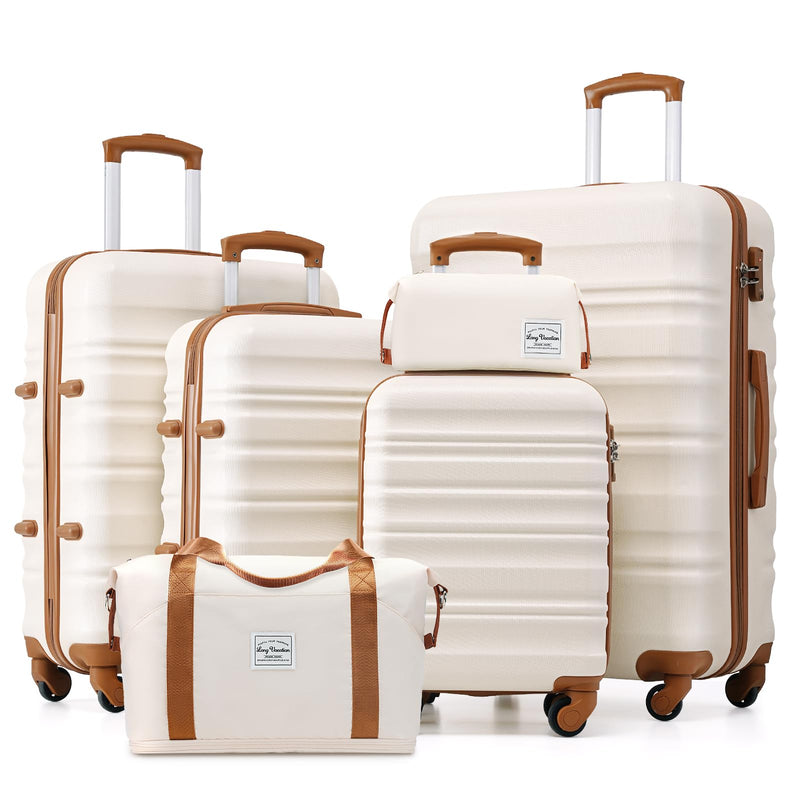 LONG VACATION 6 Piece Luggage Set Carry on Suitcase with ABS+PC hardshell, Spinner Wheels & YKK Zipper TSA Lock (BEIGE-BROWN, 6 piece set)