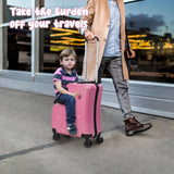 Wufuuoa 20 Inch Kids Carry-On Trolley, Pink Suitcase with Wheels Impact Resistant Rolling Children Travel Luggage with Seat and Safety Belt Small Suitcase for Unisex Boys Girls ABS+PC (Pink)