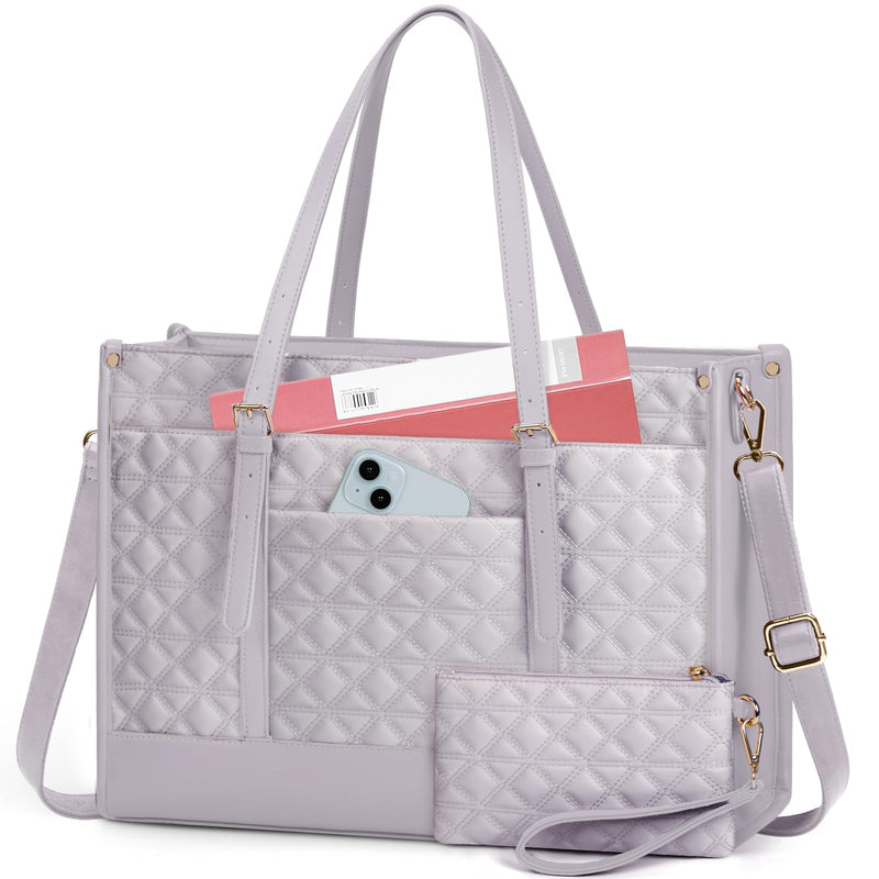 IGOLUMON Laptop Bag for Women 15.6 Inch Vegan Leather Work Tote Bag Quilted Womens Briefcase Designer Laptop Bags for Office Teacher College Cute Computer Bag with Purse Professional Grey Purple