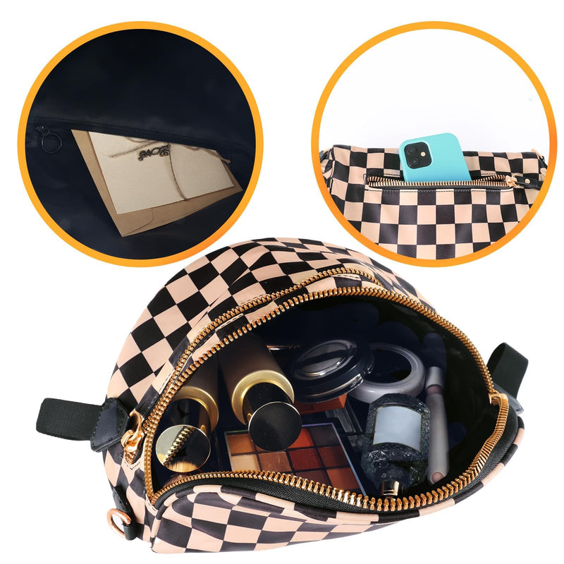 URSKYTOUS Checkered Crossbody Bag for Women Nylon Bum Bag Oversized Trendy Fanny Pack Checkered Diaper Bags Large Capacity Spacious Crossbody Bags Purse with Adjustable Strap