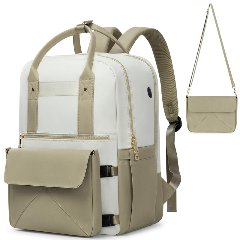Rinlist Backpack for Women, 15.6 Inch Laptop Travel Backpacks Bag with USB Port, Work Business Nurse Teacher Bags College Bookbag for School, Casual Daypack for Travel, Khaki White