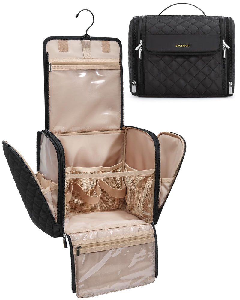 BAGSMART Hanging Travel Toiletry Bag, Large Capacity Water-resistant Cosmetic Organizer with Handle for Brushes Accessories, Black