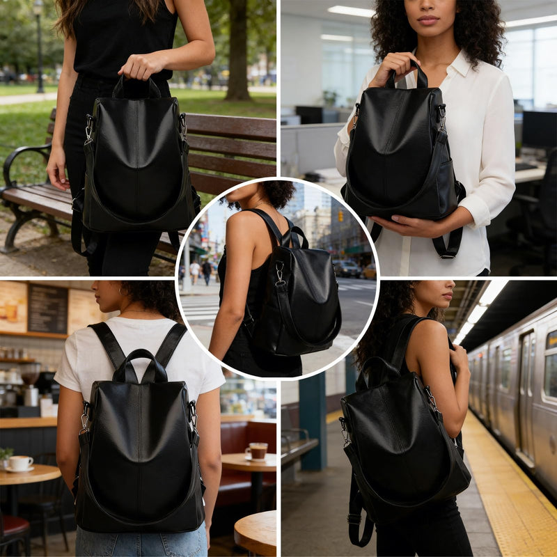 LY&SQ Faux Leather Backpack Purse for Women Anti-Theft Travel Backpack With Detachable Shoulder Strap Ladies Fashion Handbag(Black)