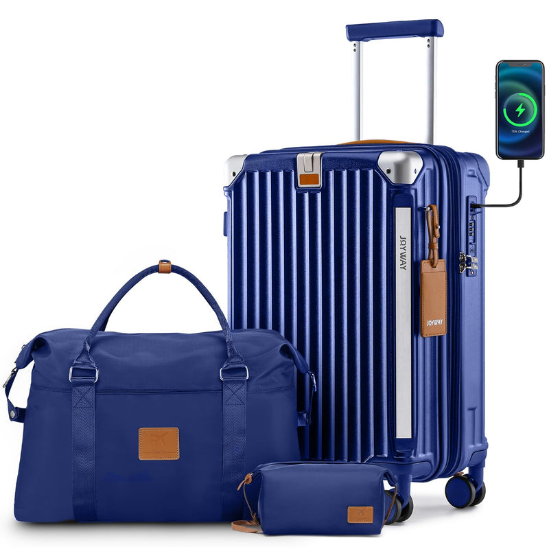 Joyway 20in Carry On Luggage with Cup Holder and USB Port, 25% Expandable Capacity, Smart Suitcase with Anti Slip Wheels and Handbag, Perfect for Men and Women 3 Piece Set Blue