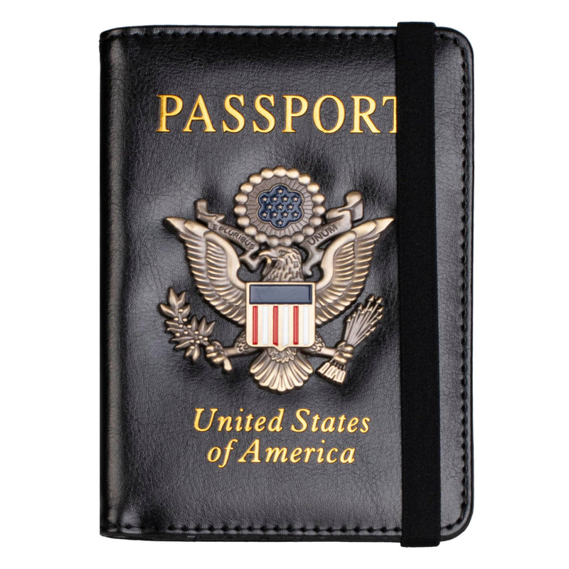 TOURSUIT RFID Blocking Passport Holder for Women Men, Leather Passport Travel Wallet with Metal 3D Metal Badge, Travel Document Holder Cover Accessories (Black)