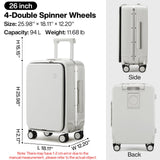 mixi Large Checked Luggage with Cup Phone Holder and Charger Hard Shell Suitcases with Spinner Wheels, 26 Inch Smoke White