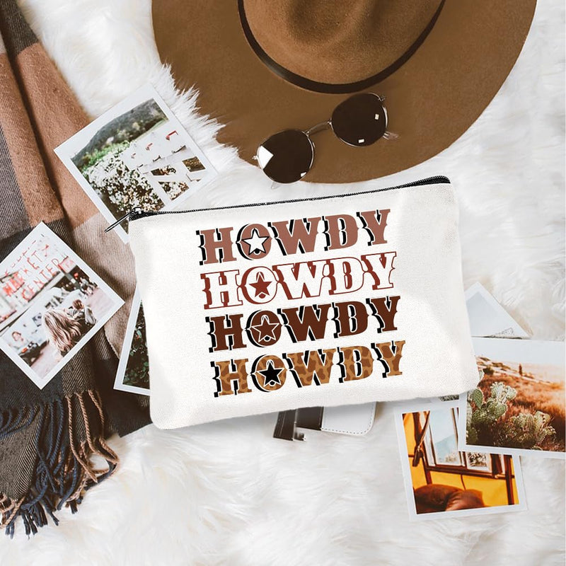 DOODLREAM 4Pcs Canvas Western Cowboy Makeup Bag - 9.06" x 5.9" Western Cactus Cow Cosmetic Bags Travel Organizer Portable Accessories with Zipper, Toiletry Large Capacity, Purse Organizer Pouches