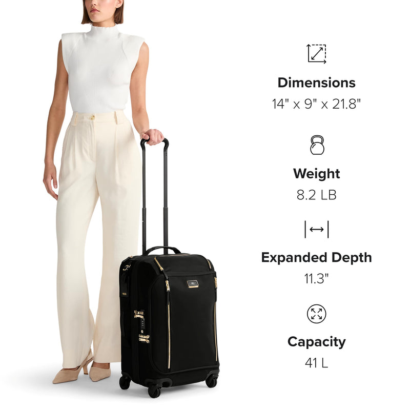 TUMI - Voyageur Leger 4 Wheeled Luggage - Women's Lightweight and Spacious, Sleek Silhouette, Durable Premium Suitcase - 21.8" International Expandable Carry-On, Black with Gold Hardware