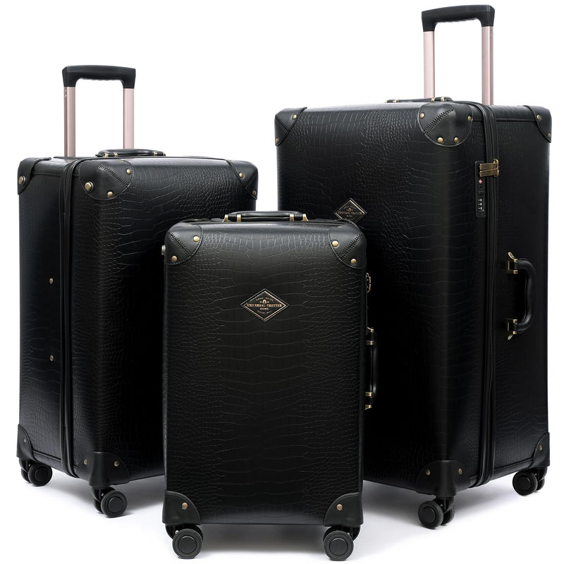 universal trotter 3-Piece High-Capacity Lightweight Vintage PU Leather Hardshell Luggage Set (20/24/28 Carry-on & Checked), Water-Resistant PU Trunk Style, 360° Spinner Wheels (Jet Black)