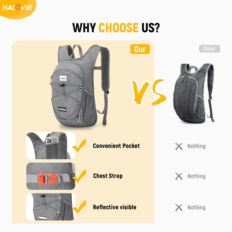 HALOVIE 15L Foldable Hiking Backpack Phone Pocket Lightweight Travel Daypack Shoulder with Chest Strap Small Packable Pack for Walking Women Men (Lightgray)