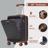 Merax 5 Piece Luggage Set Front Opening Expandable Hardside Carry On Suitcase with Double Spinner Wheels TSA Lock USB Port and Cup Holder,20" 24" 28"(Black Brown)