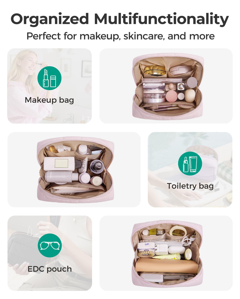 BAGSMART Puffy Makeup Bag, Wide Opening Cosmetic Bag Compact & Spacious, Water-Resistant Travel Organizer Pouches for Women (Baby Pink)