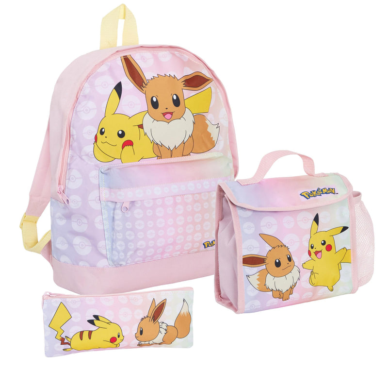 Girls Pokemon Backpack + Lunch Bag + Pencil Case 3 Piece Pikachu & Eevee College School Bag Set, Pink, Backpack