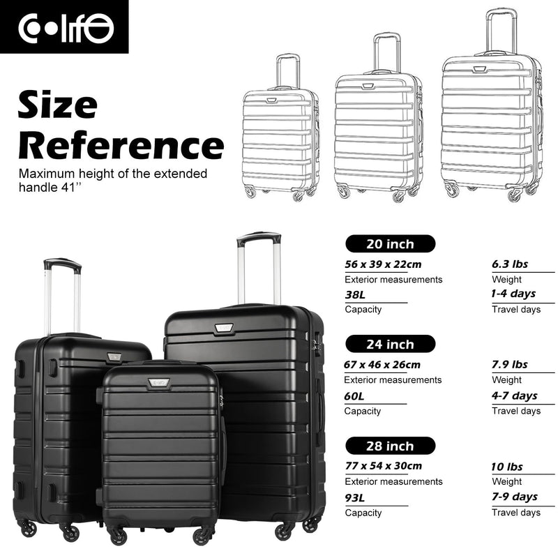 Coolife Luggage 3 Piece Set Suitcase Spinner Hardshell Lightweight TSA Lock (black, 20/24/28)