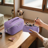 BOYATU Travel Makeup Bag Cosmetic Bags for Women: Large Capacity 3 Pcs Set Make up Bag with Compartments - Waterproof Vegan Leather Toiletry Organizer Bags with Handle (L01 Purple)