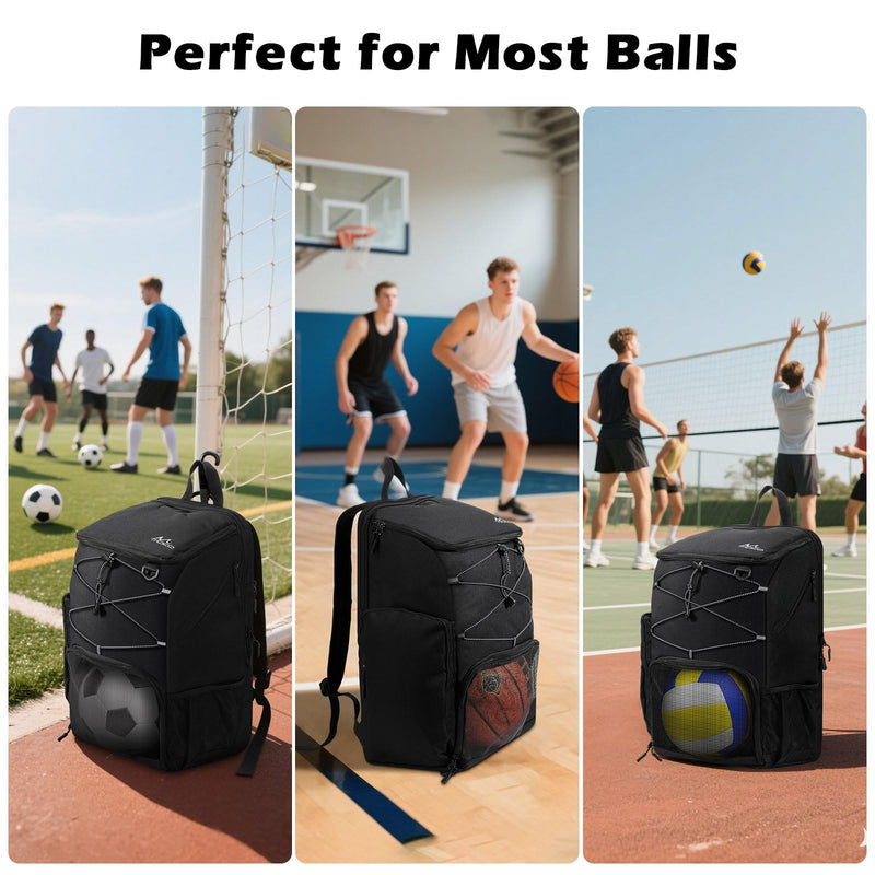 MoKo Basketball Bag Backpack, Soccer Backpack with Separate Shoe and Ball Comparment, Large Sports Equipment Bag with Hidden Hook & Charging Port for Basketball, Soccer, Volleyball Training, Black