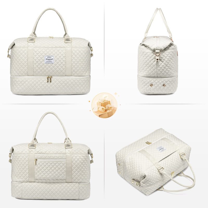 LOVEVOOK Travel Duffle Bag, Weekender Bags for Women with Shoe Compartment, Carry on Overnight Bag with Toiletry Bag, Gym Duffel Bag with Wet Pocket, Hospital Bags for Labor and Delivery, Beige