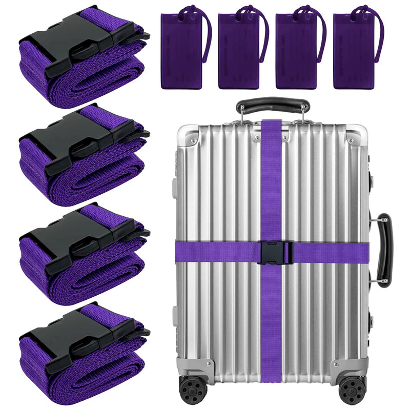 8 Pack Luggage Straps Suitcase Tags Set,Adjustable Suitcase Belts TSA Approved Silicone Luggage Tags Travel Suitcase Tags with Name ID Card for Luggage Suitcase Travel Accessories - Purple