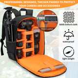IPEB Camera Backpack for Photographers DSLR Camera Bag Professional Photography Case with 13.5 Inch Laptop Compartment & Tripod Holder Compatible for Sony Canon Nikon Black Orange