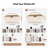 Prite Makeup Bag for Women Travel Waterproof Vegan Leather Cosmetic Bag Open Flat Toiletry Bag With Clear Divider and Handle (Beige)