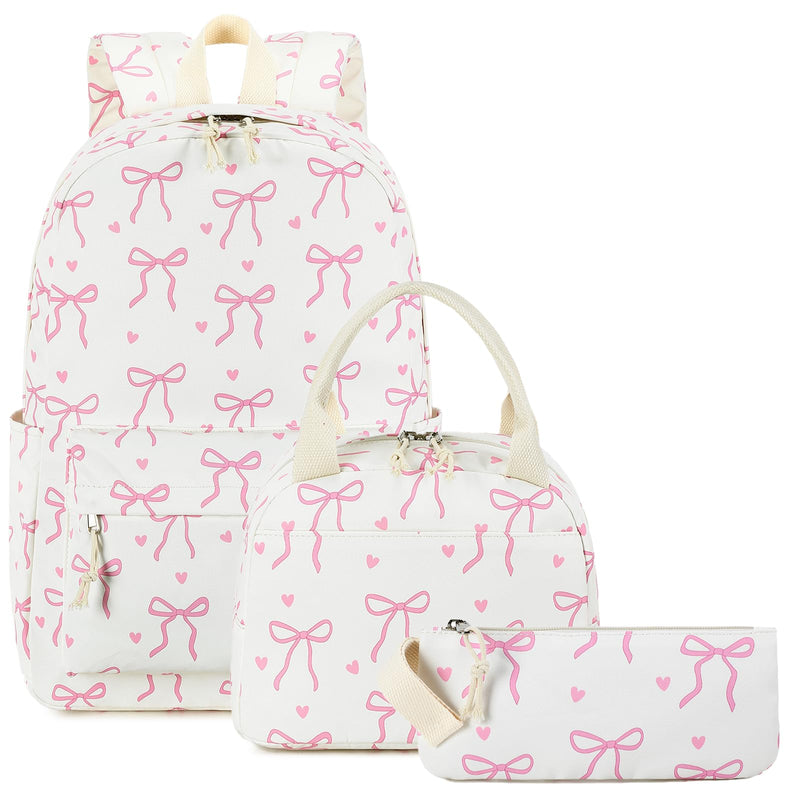 LOIDOU Girls School Backpack Set 3-in-1, Water-Resistant Bookbag with Lunch Bag & Pencil Case, Lightweight Kids Backpack for Elementary & Middle School, Cute Pink Bow Design Gifts for Teen Girls